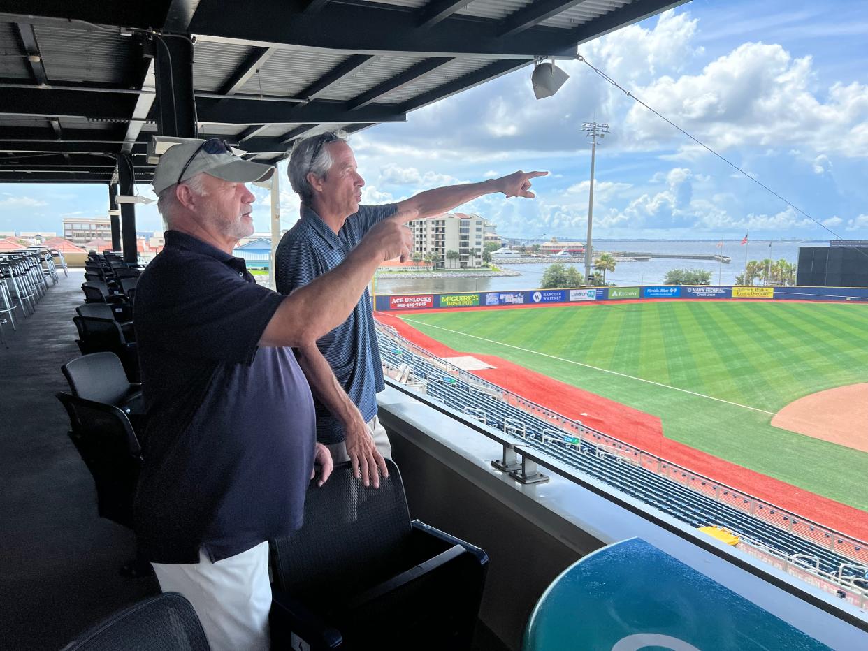 David Wilson (front) and Johnny Mayes, founder of Marketable Sports, look over the setup at Blue Wahoos Stadium for Saturday's first Panhandle Football Media Day Show from the stadium's Hancock-Whitney Club level.