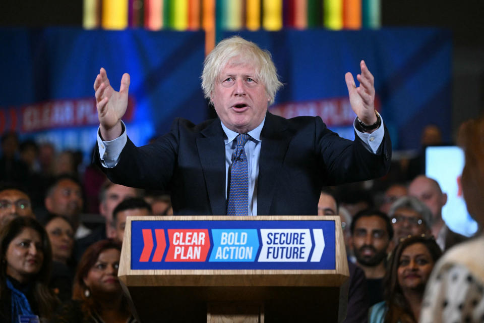 TOPSHOT - Former British Prime Minister Boris Johnson addresses Conservative Party supporters at the National Army Museum in London on July 2, 2024, as part of a campaign event ahead of the British general election on July 4. (Photo by JUSTIN TALLIS / AFP) (Photo by JUSTIN TALLIS/AFP via Getty Images)