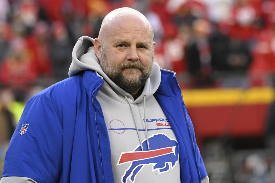 FILE - Buffalo Bills offensive coordinator Brian Daboll attends warmups before an NFL divisional playoff football game against the Kansas City Chiefs, Jan. 23, 2022, in Kansas City, Mo. The New York Giants hired Daboll as their head coach Friday, Jan. 28, 2022. (AP Photo/Reed Hoffmann, File)