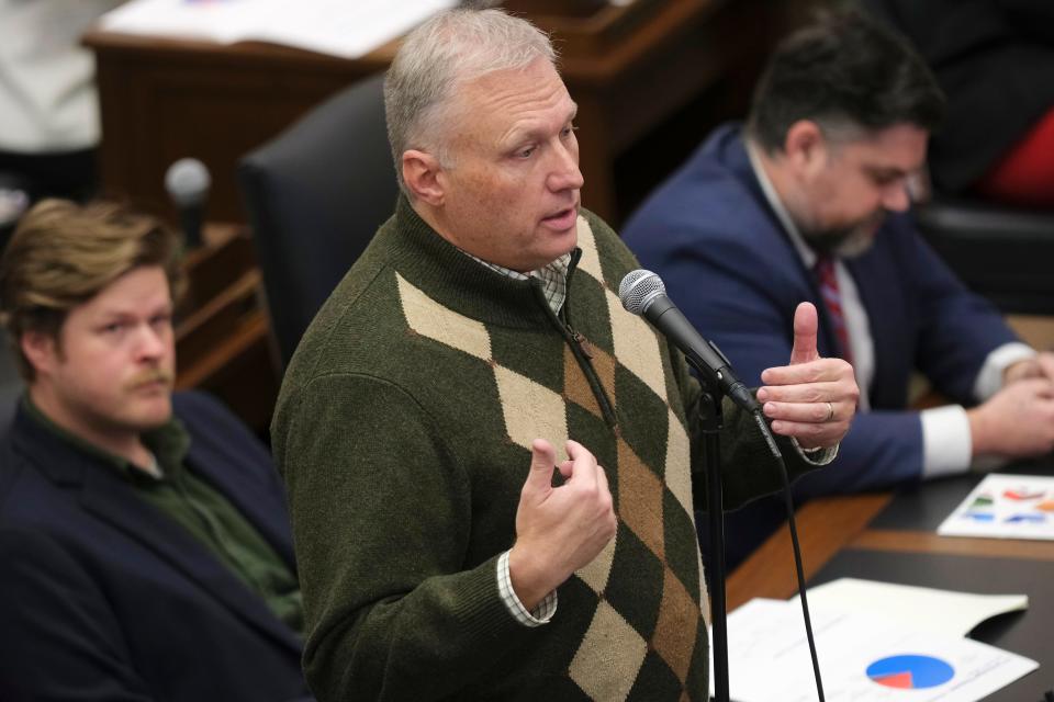 Chad Caldwell, R-Enid, asks a question of state schools Superintendent Ryan Walters during a Jan. 24, 2023, education subcommittee meeting at the state Capitol.