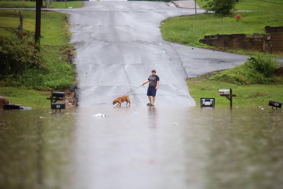 A young man walks his dog along a flooded Bittings Avenue on Sunday, Sept, 4, 2022, in Summerville, Ga. Thunderstorms and heavy rain pounded parts of northwest Georgia on Sunday, sparking flash flooding in some areas. (Olivia Ross/Chattanooga Times Free Press via AP)