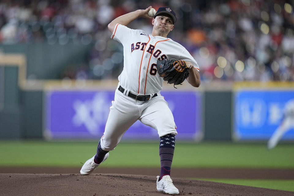 Houston Astros starting pitcher Brandon Bielak delivers during the first inning of a baseball game against the Colorado Rockies, Tuesday, July 4, 2023, in Houston. (AP Photo/Kevin M. Cox)