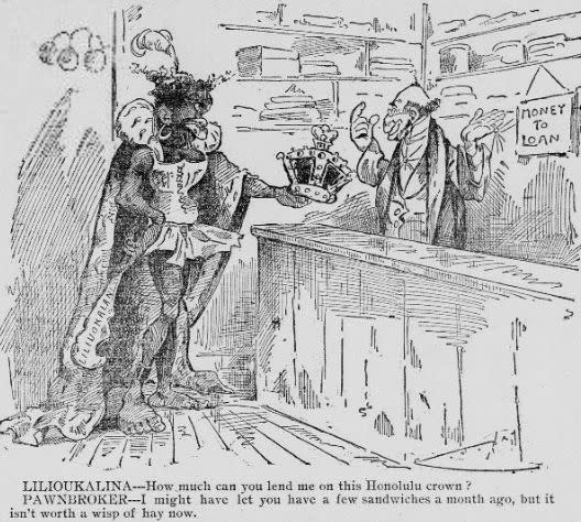 This political cartoon, <a href="https://chroniclingamerica.loc.gov/lccn/sn90059522/1893-02-03/ed-1/seq-1/" target="_blank">published in the St. Paul Daily Globe</a> in Minnesota weeks after the overthrow,&nbsp;offers a racist depiction of Queen Liliuokalani with exaggerated features.