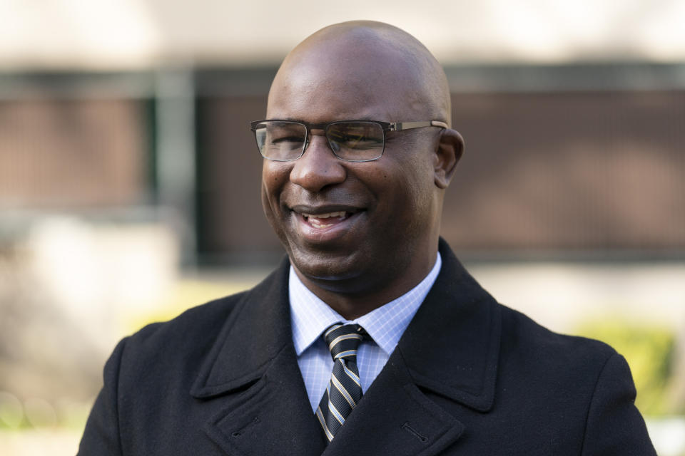 FILE - In this Tuesday, Nov. 3, 2020, file photo, Jamaal Bowman, the Democratic nominee for New York's 16th Congressional District, smiles as he talks to the media, in the Bronx borough of New York. In a letter Tuesday, Sept. 21, 2021, to New York Gov. Kathy Hochul and New York City Mayor Bill de Blasio, four members of Congress from New York, including Bowman, demanded the release of inmates and the closure of New York City’s troubled Rikers Island jail complex after another inmate was reported dead at the facility over the weekend. (AP Photo/Mark Lennihan, File)