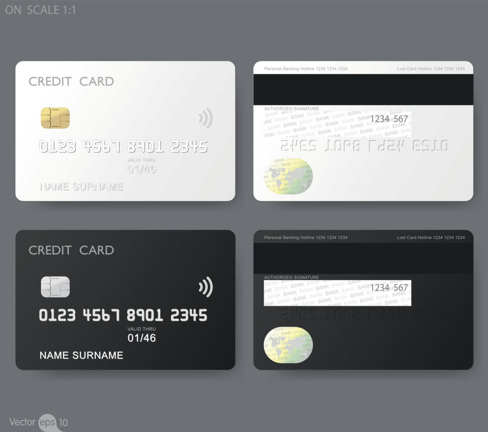 Silver credit card on top of black credit card with front view to the left and back view to the right