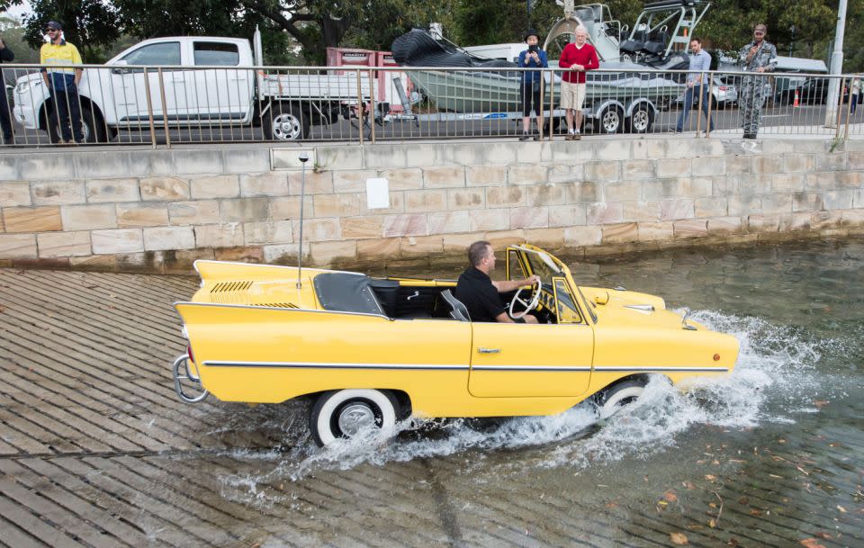 This 1966 Amphicar 770 can transition from land to water with a simple change of gear that starts the propellers on the back. Source: Getty