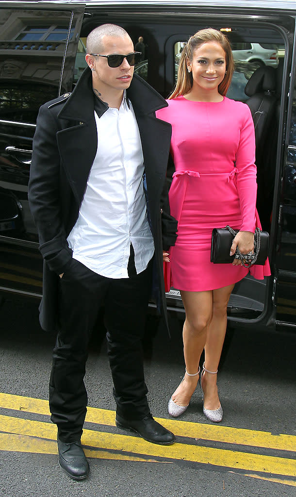 If you can ignore Casper Smart's wrinkled shirt, popped collar, and neck tattoo, feast your eyes on his gal pal, former "Idol" judge Jennifer Lopez, who appeared positively radiant in her bubblegum-pink Valentino mini (and silver ankle-strap pumps) while out and about in the City of Light. (10/2/2012)<br><br><a href="http://omg.yahoo.com/news/casper-smart-plays-dad-jennifer-lopezs-twins-140000446.html" data-ylk="slk:How Casper plays dad to J.Lo's twins;elm:context_link;itc:0;sec:content-canvas;outcm:mb_qualified_link;_E:mb_qualified_link;ct:story;" class="link  yahoo-link">How Casper plays dad to J.Lo's twins</a>