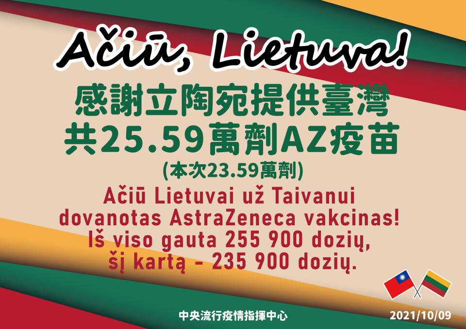 感謝立陶宛提供台灣AZ疫苗。