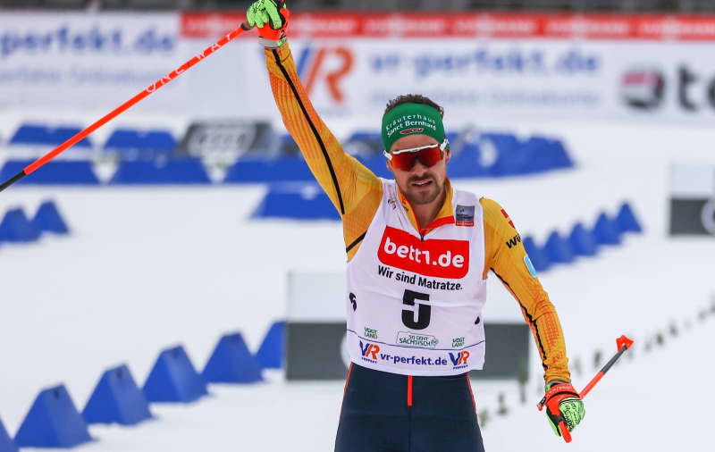 Fabian Rießle from Germany crosses the finish line in third place at the men individual, large hill/10 km, cross-country competition during the Nordic combined World Cup. Germany's Nordic combined star Fabian Riessle, who won team Olympic gold and three world championship titles, will hang up his skis after the home World Cup event in Schonach on January 28. Jan Woitas/dpa-Zentralbild/dpa