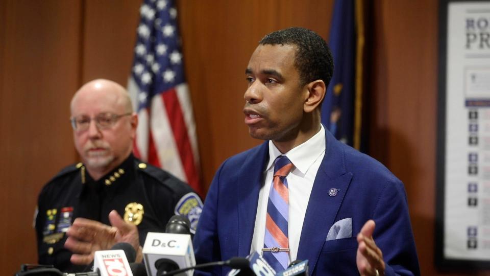 Rochester Mayor Malik Evans speaks at a press conference at the Public Safety Building on March 6, 2023.