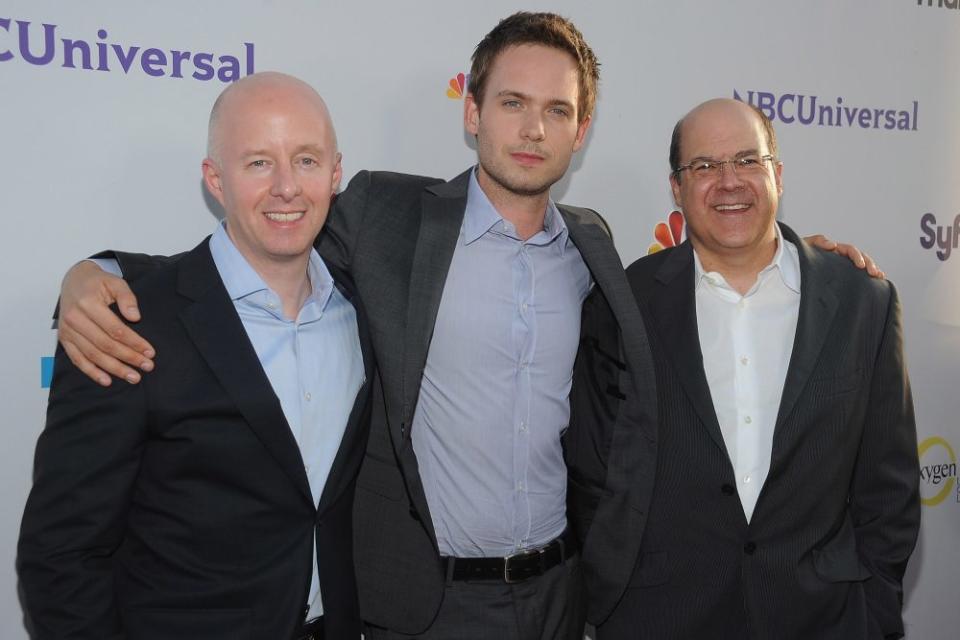 LOS ANGELES, CALIFORNIA – AUGUST 1: (L-R) Chris McCumber, Co-President of USA Network, actor Patrick J. Adams and Jeff Wachtel, Co-President of USA Network arrive at the NBC Universal TCA 2011 Press Tour All-Star Party at the SLS Hotel on August 1, 2011 in Los Angeles, California. (Photo by Michael Buckner/Getty Images)