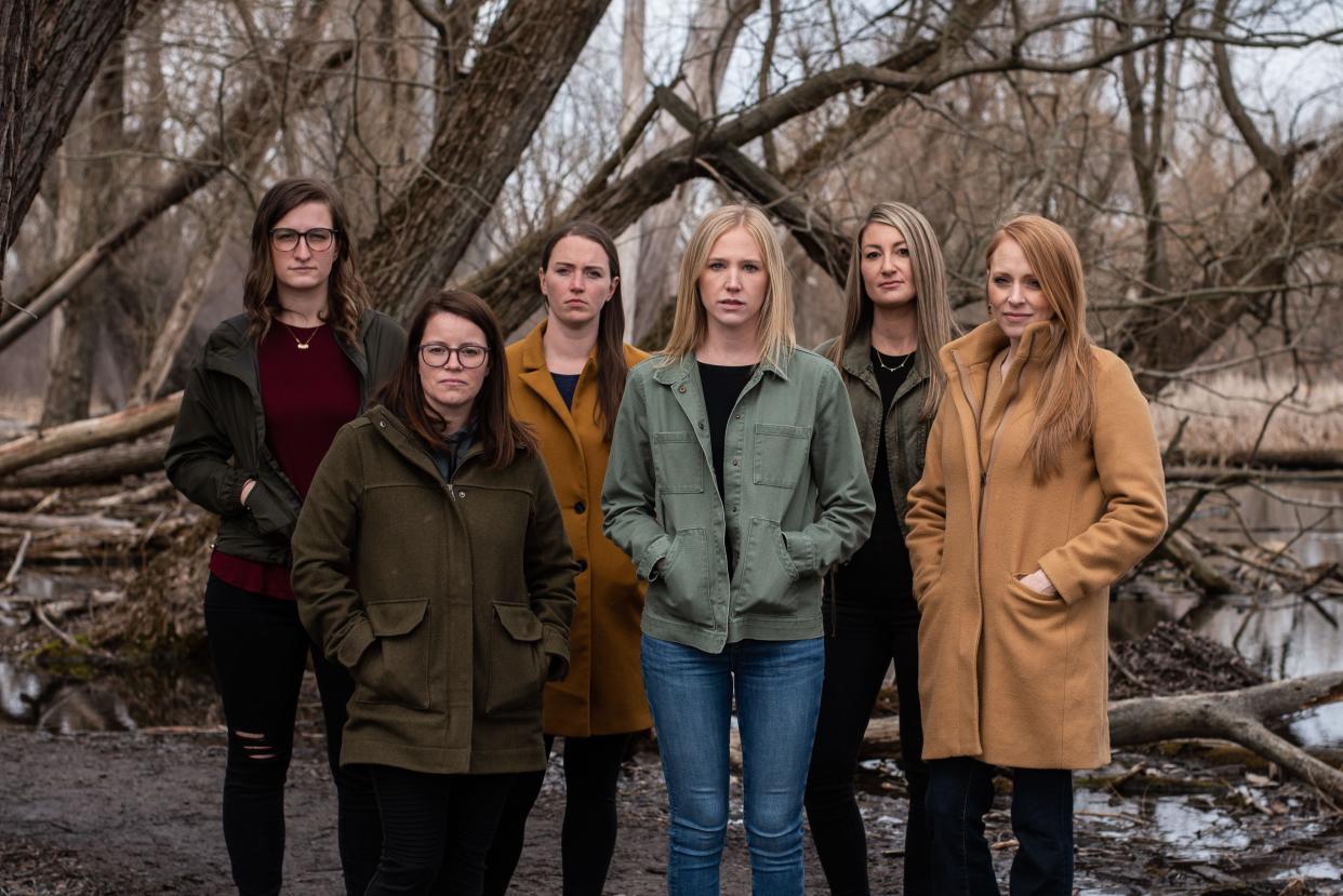 More than 16 women across the country have alleged that Wayne Aarum's physical and emotional behavior toward them at either The Chapel or Circle C Ranch from the late 1990s onward was inappropriate and abusive. Six of them were photographed together in Buffalo on April 3, 2021. From left are Carolyn McDonald, Michelle Poulsen, Rachel Horvath, Jessica Spiesz, Ashley Scibilia and Joy McCullough.