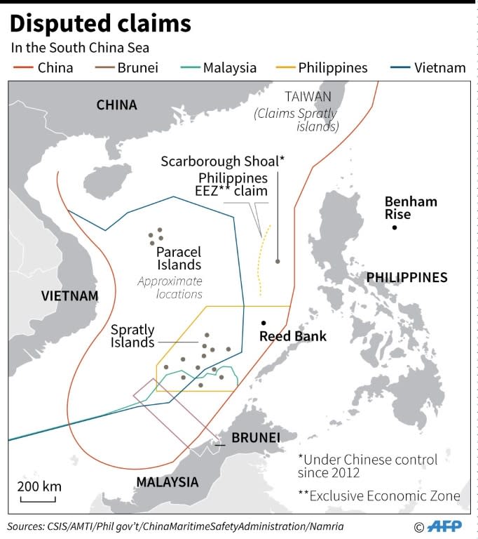 The Scarborough Shoal is a small ring of reefs that lies about 230 kilometres (140 miles) from the Philippines and 650 kilometres from China