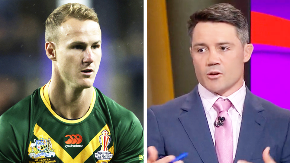 Cooper Cronk (pictured right) speaking and (pictured left) Daly Cherry-Evans running the ball.