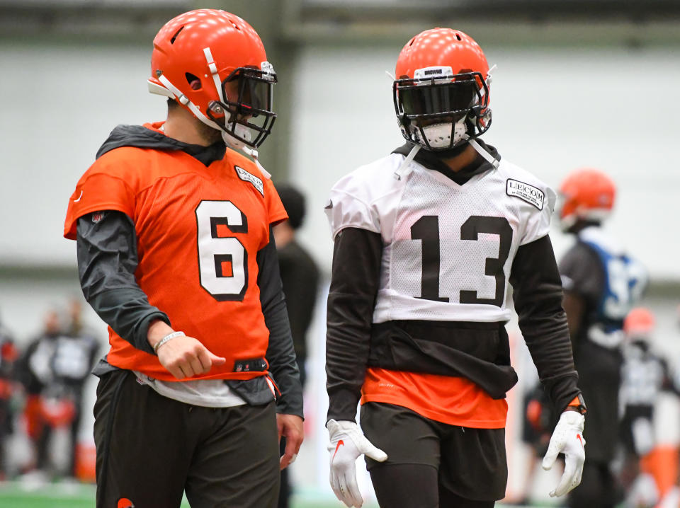 BEREA, OH - JUNE 6, 2019: Wide receiver Odell Beckham Jr. #13 of the Cleveland Browns talks with quarterback Baker Mayfield #6 during a mandatory mini camp practice on June 6, 2019 at the Cleveland Browns training facility in Berea, Ohio. (Photo by: 2019 Nick Cammett/Diamond Images via Getty Images)  