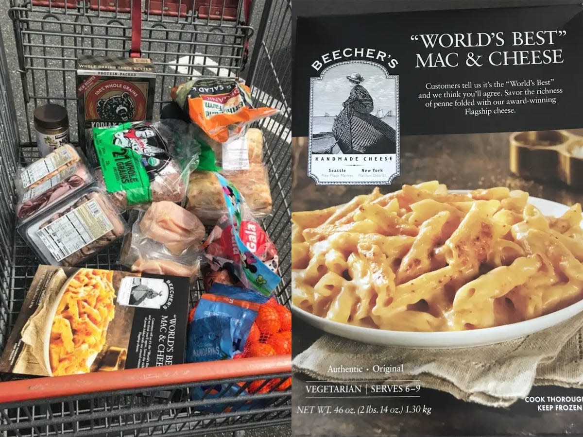 Shopping cart full of Costco groceries; Beecher's mac and cheese