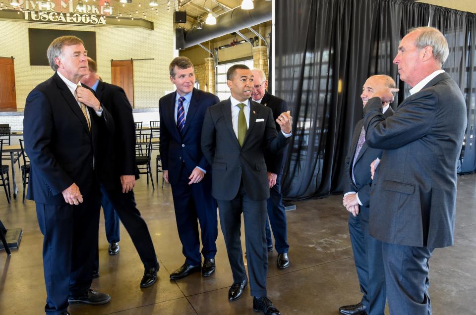 Mayors from Alabama’s ten largest cities gathered in Tuscaloosa for a meeting Monday, March 28, 2022. Many of the mayors remained for a concluding press conference including, from left, Tommy Battle from Huntsville, Walt Maddox from Tuscaloosa, Steven Reed from Montgomery, Tab Bowling from Decatur, Mark Saliba from Dothan and Sandy Stimpson from Mobile. 