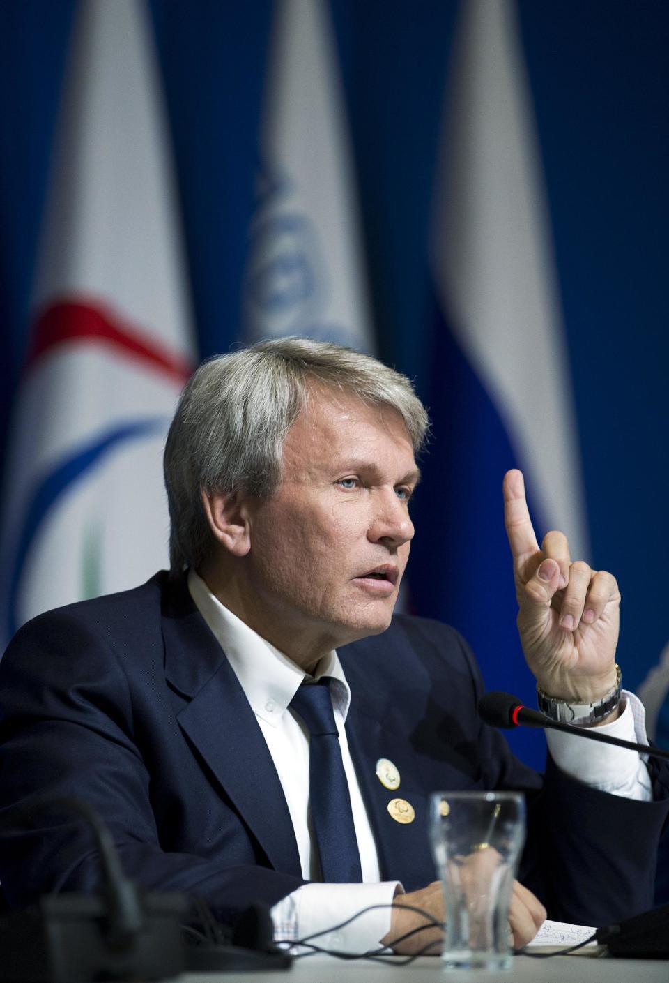 President of the the National Paralympic Committee of Ukraine Valeriy Suskevich holds up his finger during a press conference before the closing ceremony of the 2014 Winter Paralympics in Sochi, Russia, Sunday, March 16, 2014. (AP Photo/Pavel Golovkin)