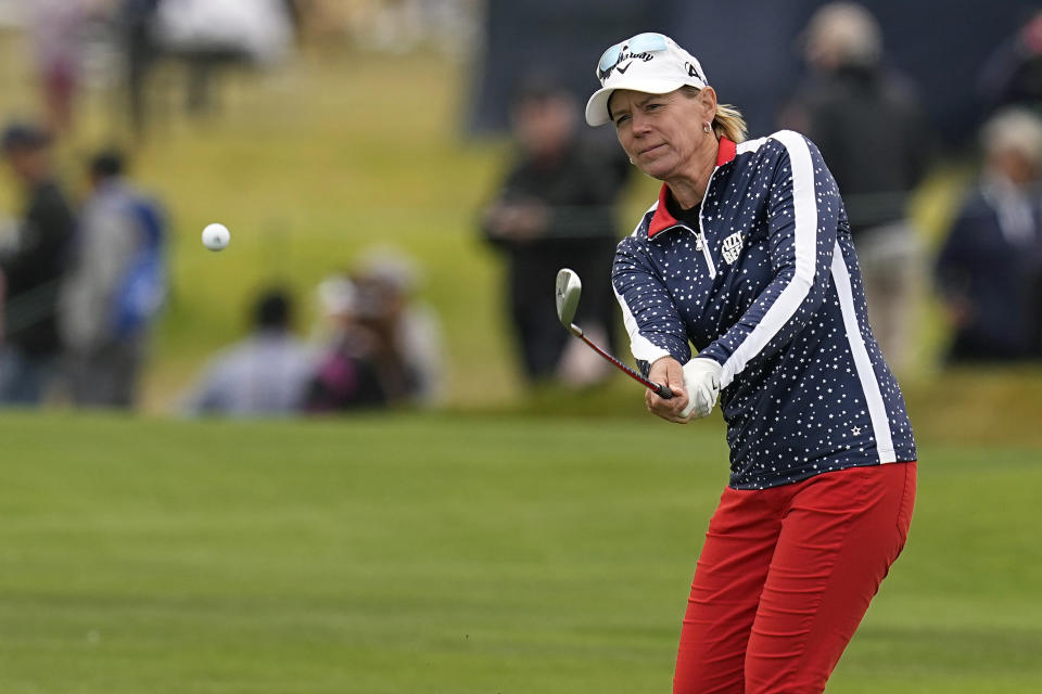 Annika Sorenstam, of Sweden, chips to the sixth green during the second round of the U.S. Women's Open golf tournament at the Pebble Beach Golf Links, Friday, July 7, 2023, in Pebble Beach, Calif. (AP Photo/Darron Cummings)