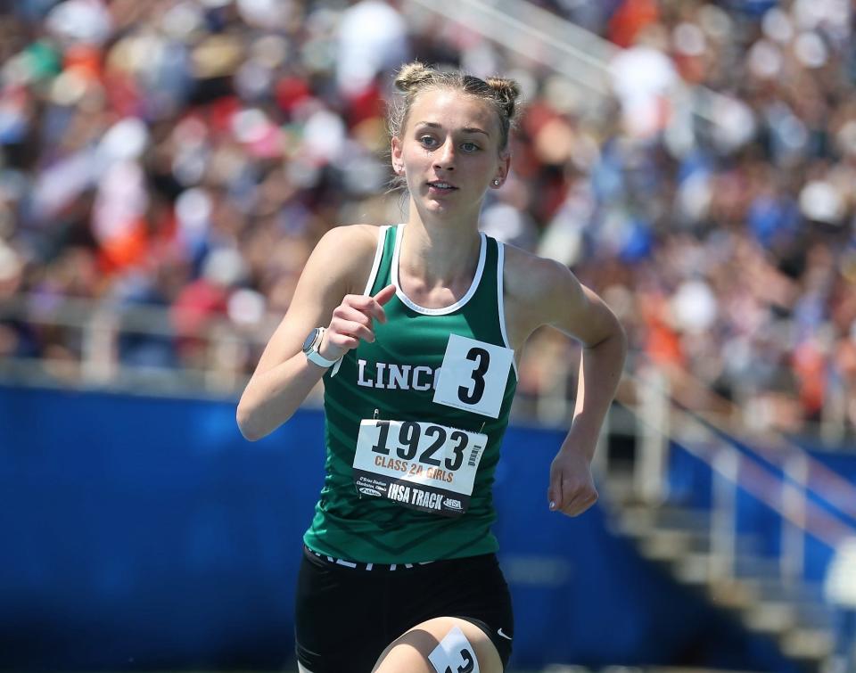 Lincoln's Becca Heitzig runs to first place in the Class 2A 800-meter run during the girls track and field state meet at O'Brien Field in Charleston on Saturday, May 20, 2023.