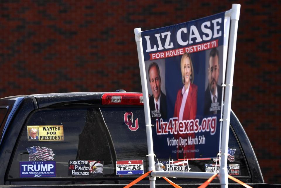 Campaign signs for Texas House District 71 candidate Liz Case are displayed in a pickup at the Abilene Country Club Thursday Feb. 8, 2024. Case and District 71 incumbent Stan Lambert both were attending the monthly meeting of the Texas Retired Teachers Association Region 14 chapter.