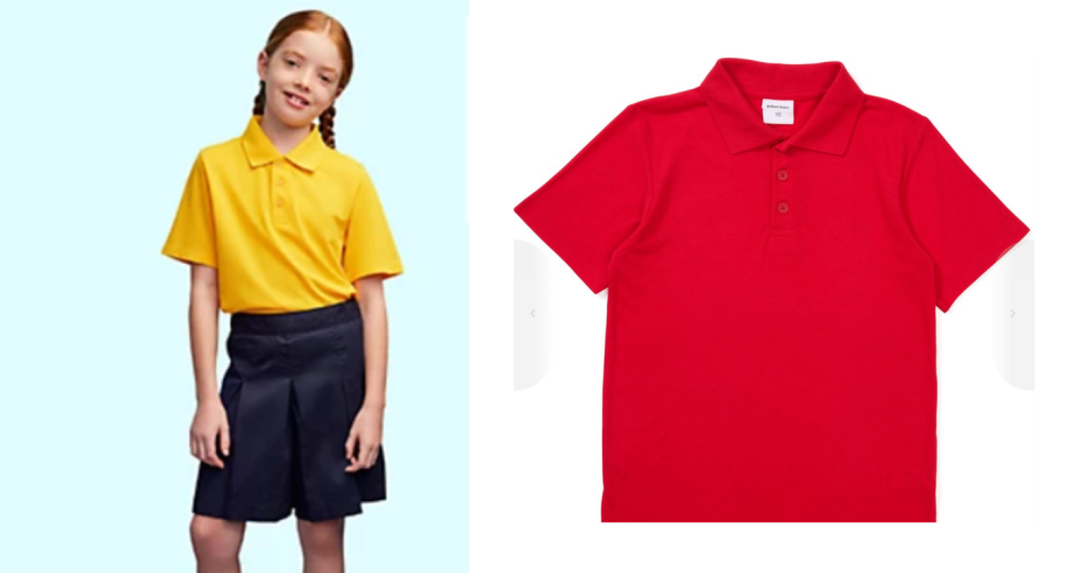 Girl wears uniform top and bottoms from Big W (left). Red school top (right).