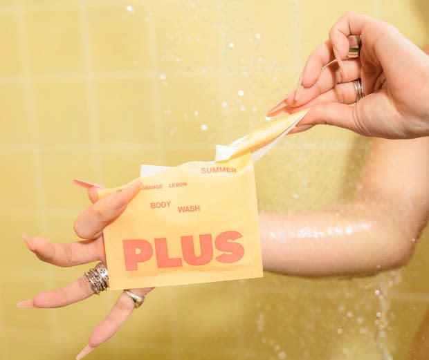 Liquid body wash is often made with up to 90% water, but Plus's dehydrated, water-soluble sheets dissolve when in contact with hot water.<p>Photo: Courtesy of Plus</p>