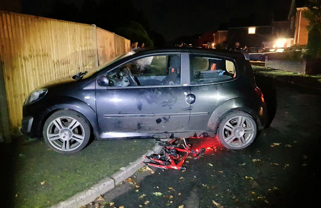 Keith Vernon car with the bike still wedged beneath the wheels. See SWNS story SWNNcyclist; A drink-driver ran over a 10-year-old cyclist trapping him underneath the car before reversing over him and driving off with the bike still wedged beneath the wheels.  The boy was left with a broken collar bone, a fractured vertebrae, a fractured pelvis, a dislocated hip and a burn covering the left side of his face. Keith Vernon, 76, was over twice the legal limit when he rammed his car into the boy who was cycling with his dad. The young cyclist, from Pulborough, a village in Horsham, west Sussex, had been cycling in West Chittingham with his father and another adult when he was struck from behind by the black Renault Twingo. The impact caused him to flip over his handlebars and onto the road, where the car continued to drive over him. His dad desperately tried to warn the driver the boy was trapped beneath his car but he ignored them. He then reversed over the boy. The lad's helmet was destroyed, found bloodied and broken but police say it saved the boy from a very serious head injury. Emergency services responded to the incident, which occurred about 10.20pm on October 6 last year.
