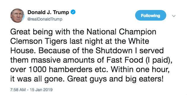 In a now deleted tweet from President Trump's account on January 15, the president mentioned he ordered 1000 "hamberders."  