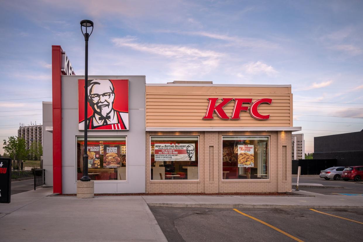 Calgary, Alberta - May 30, 2021:  Exterior facade of a KFC restaurant in Calgary, Alberta.