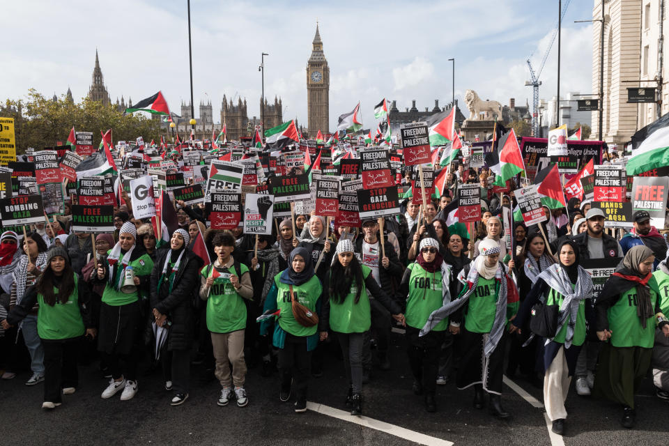 LONDON, UNITED KINGDOM - OCTOBER 28, 2023: Tens of thousands of protesters march across Westminster Bridge in solidarity with the Palestinian people and to demand an immediate ceasefire to end the war on Gaza on October 28, 2023. Over 7,000 Palestinian and 1,400 Israeli people have died since the latest conflict between Israel and Hamas began three weeks ago when Hamas launched the largest attack on Israeli territory in decades. (Photo credit should read Wiktor Szymanowicz/Future Publishing via Getty Images)