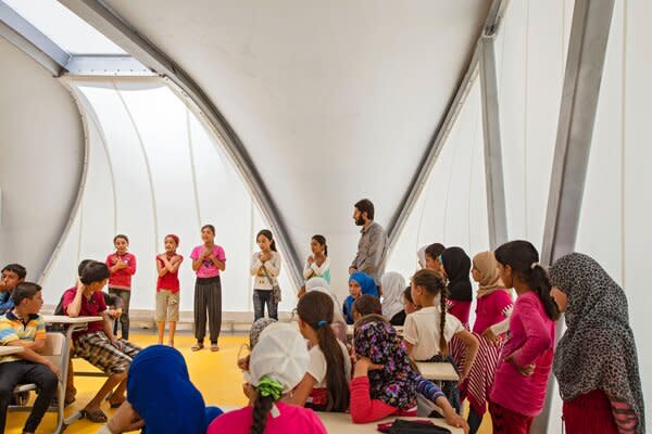 Zaha Hadid Architects began the process of designing tents, pictured full of students in Turkey, in 2015. They are intended to be used for a number of purposes, including schools and clinics, and to be able to be transported and easily set up in many locations. According the firm, each tent is made with 