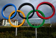 A picture taken on February 26, 2020 shows the Olympics rings next to the IOC headquarters in Lausanne. - The COVID-19 which has already killed more than 3000 people in the World will be at the center of a meeting of the International Olympic Committee (IOC) on March 3 and 4, 2020 in Lausanne less than five months before the opening ceremony of the Olympics in Tokyo. (Photo by Fabrice COFFRINI / AFP) (Photo by FABRICE COFFRINI/AFP via Getty Images)