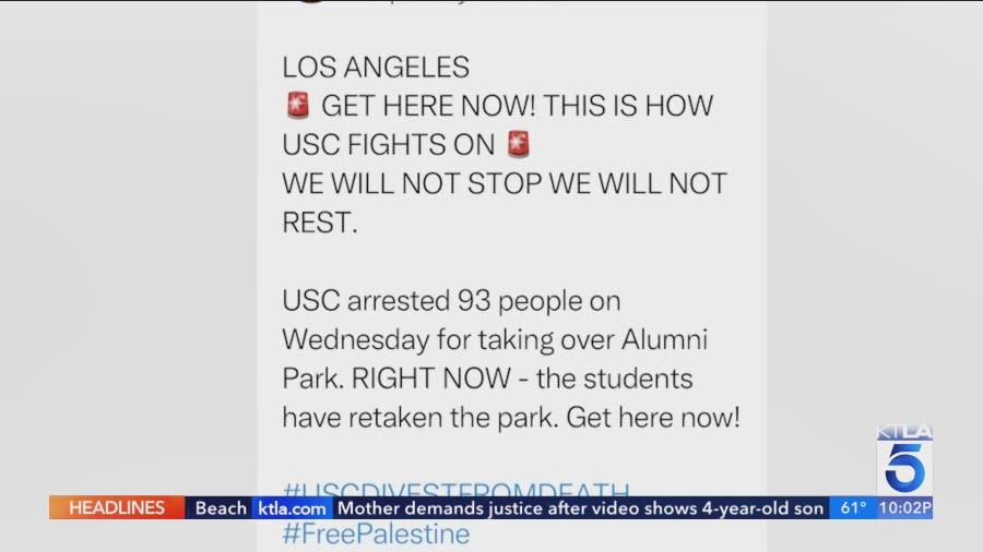 A social media post from a group called the People’s City Council calls for protestors to continue to arrive at the University of the Southern California. The pro-Palestinian demonstrations continued on April 27, 2024. (X)