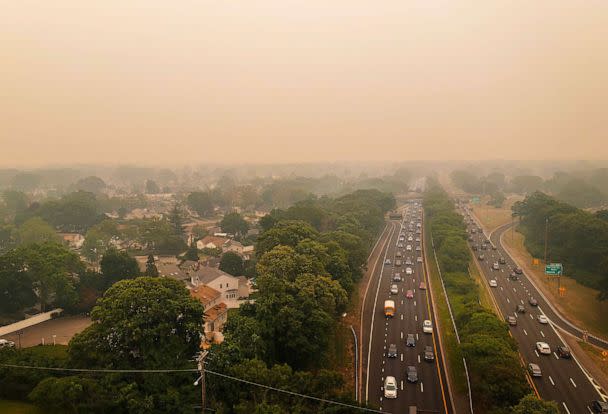 PHOTO: FILE - An aerial view of the Southern State Parkway enveloped in a dense haze caused by wildfires in Canada, June 07, 2023 Merrick, New York. (Al Bello/Getty Images, FILE)