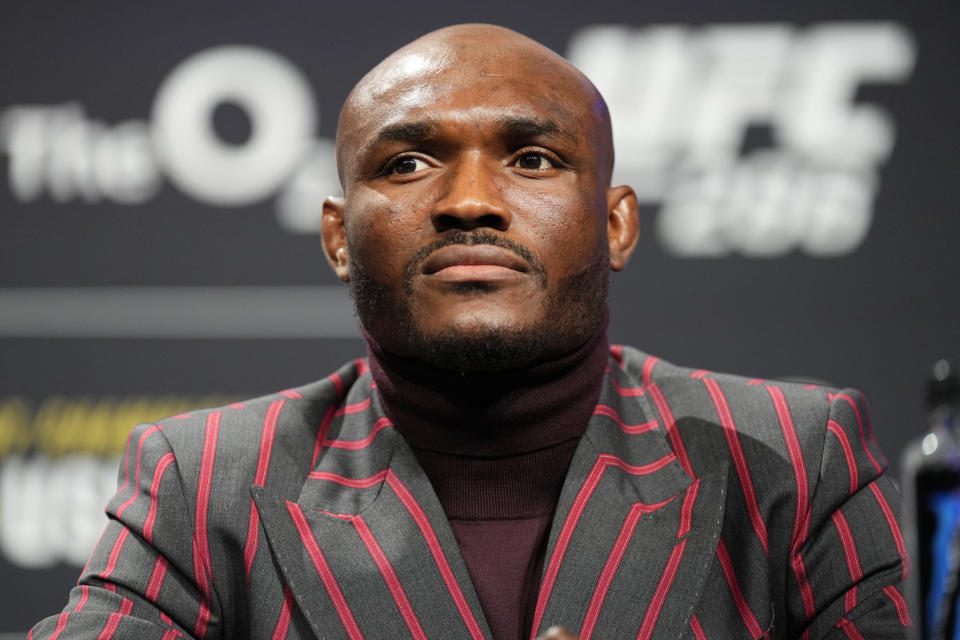 LONDON, ENGLAND - MARCH 16: Kamaru Usman of Nigeria is seen on stage during the UFC 286 press conference at Magazine London on March 16, 2023 in London, England. (Photo by Mike Roach/Zuffa LLC via Getty Images)