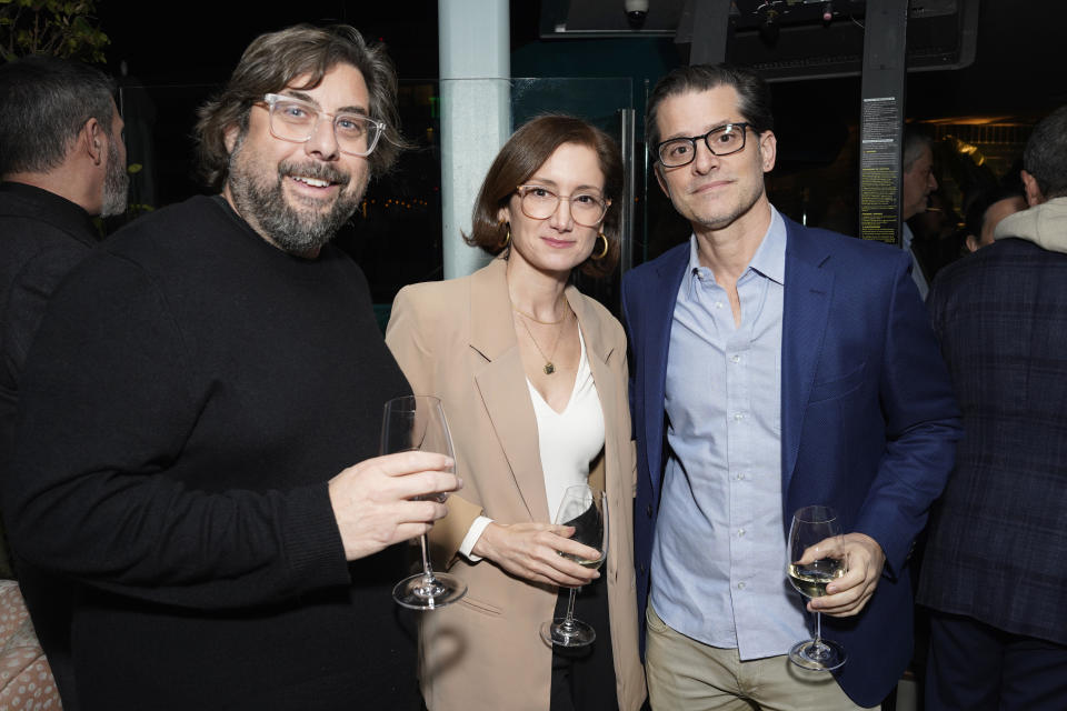 WEST HOLLYWOOD, CALIFORNIA - JANUARY 11: (L-R) Damian Kindler, Claire Freeland and Bennett Graebner attend the Variety Showrunners dinner presented by A+E Studios in West Hollywood on January 11, 2024 in West Hollywood, California. (Photo by Presley Ann/Variety via Getty Images)