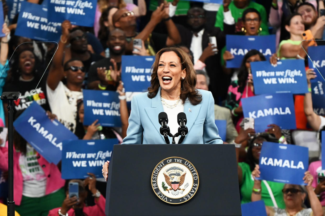 Kamala Harris Vice President of the United States Kamala Harris makes a speech during her presidential campaign rally in Atlanta, Georgia, United States on July 30, 2024. (Photo by Kyle Mazza/Anadolu via Getty Images