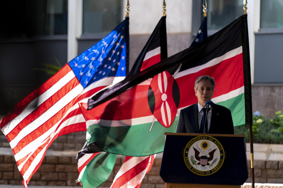 Secretary of State Antony Blinken speaks at the U.S. Embassy in Nairobi, Kenya, Thursday, Nov. 18, 2021. Blinken is on a five day trip to Kenya, Nigeria, and Senegal. (AP Photo/Andrew Harnik, Pool)