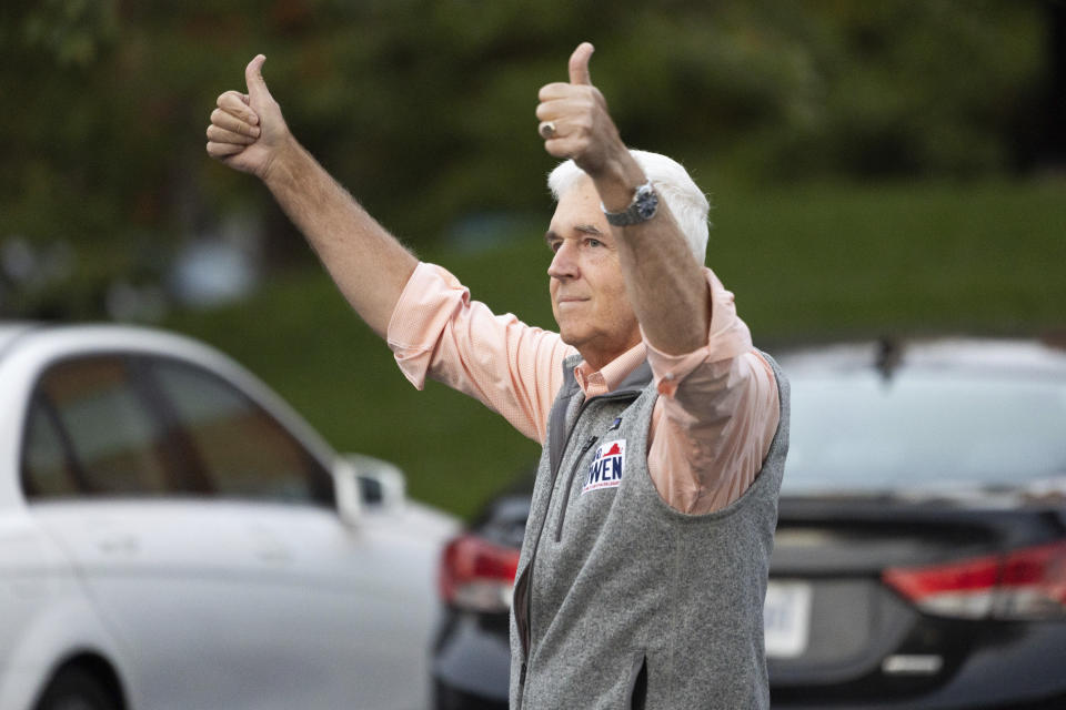 David Owen, Republican candidate for House of Delegates district 57, greets the crowd during a campaign rally in Henrico County, Va., on Monday, Oct. 23, 2023. Owen faces his opponent candidate Susanna Gibson on Nov. 7. (Mike Kropf/Richmond Times-Dispatch via AP)