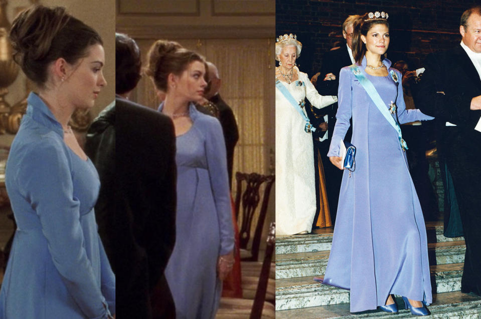 the stately gown Mia wore to a formal dinner with the queen is modeled after Princess Victoria's long-sleeved, collared gown