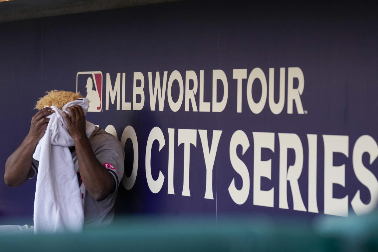 Houston Astros pitcher Ronel Blanco wipes sweat from his face during a baseball game against the Colorado Rockies at Alfredo Harp Helu stadium in Mexico City, Saturday, April 27, 2024. (AP Photo/Fernando Llano)