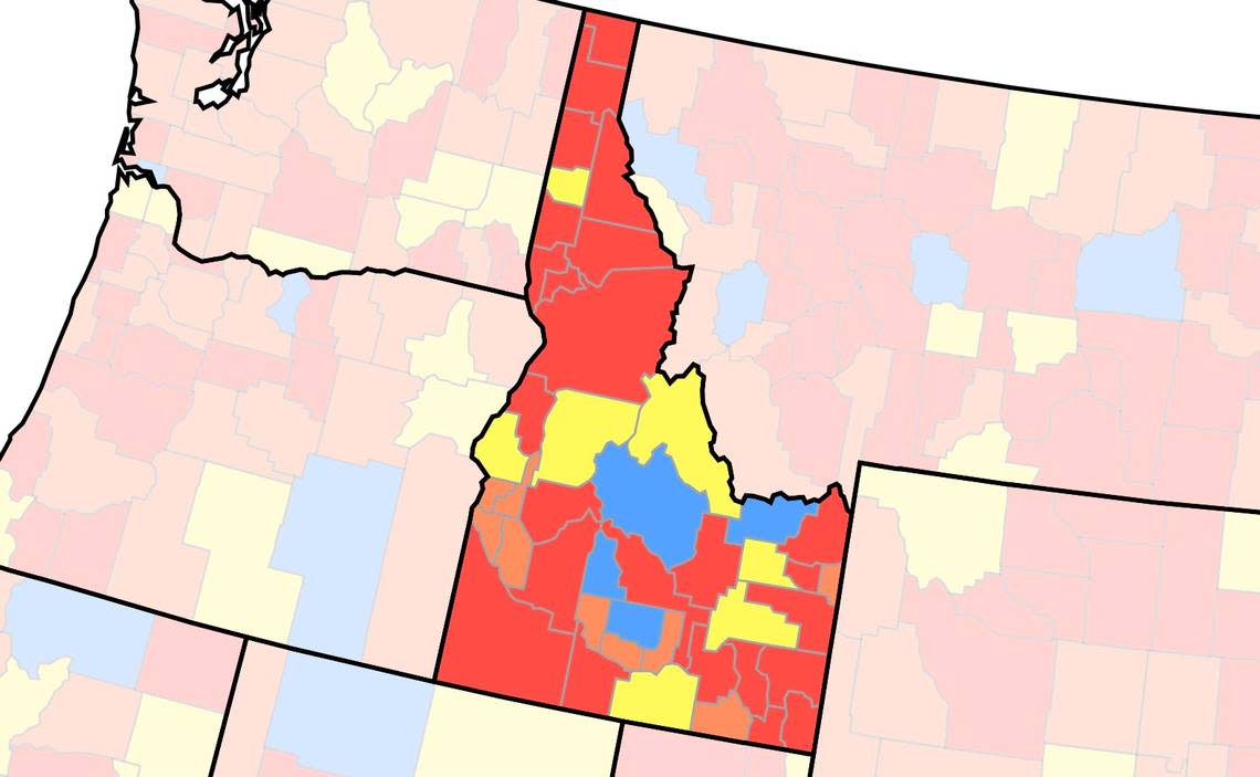 The U.S. Centers for Disease Control and Prevention’s county-by-county map of the rate of community transmission of COVID-19 on Friday. Red indicates a high transmission rate, orange a “substantial” rate, yellow a moderate rate and blue a low rate. This community-transmission map is separate from the community-levels map that the CDC uses for its coronavirus health and safety recommendations to the public.