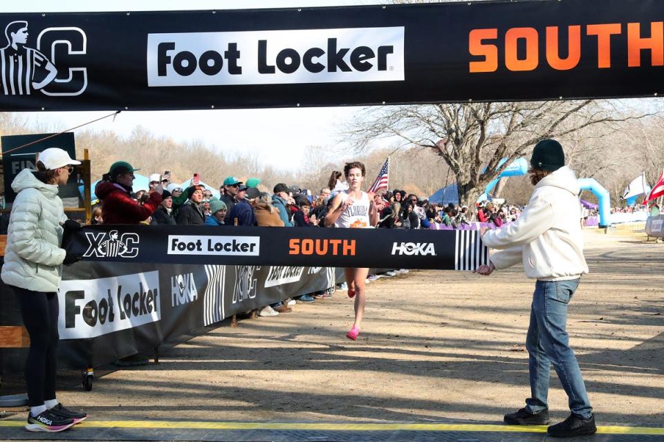Patrick Koon finished first place in the 2023 Foot Locker South Regional race in Charlotte, North Carolina on November 25, 2023. Photo credit: Victor Sailer @PhotoRun.net / provided by Brian Bishop.