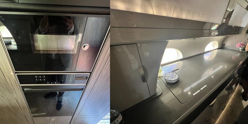 A collage of a Gulfstream G700's galley area shows two ovens and the countertop.