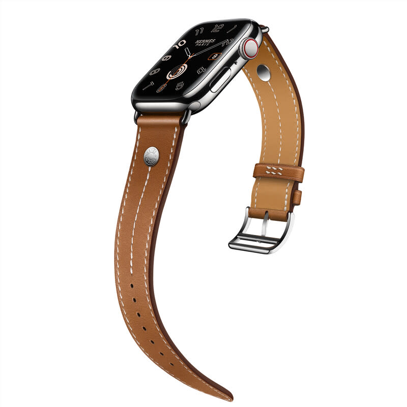 APPLE WATCH HERMES 9系列_45mm 銀色不銹鋼錶殼_淺黃褐色 Barenia 小牛皮 Clou de Selle 單圈錶款_NT$ 50,100