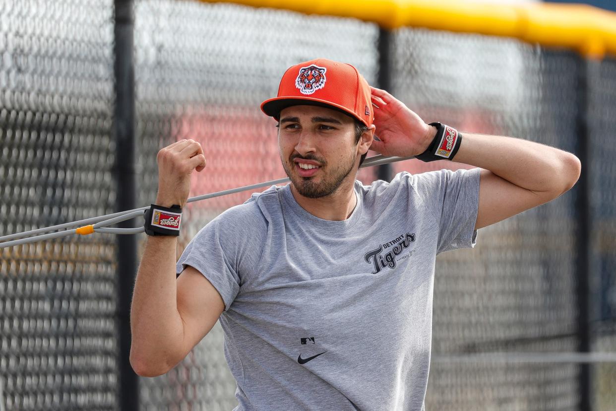 Detroit Tigers pitcher Alex Faedo warms up during spring training at Tigertown in Lakeland, Fla. on Tuesday, Feb. 13, 2024.