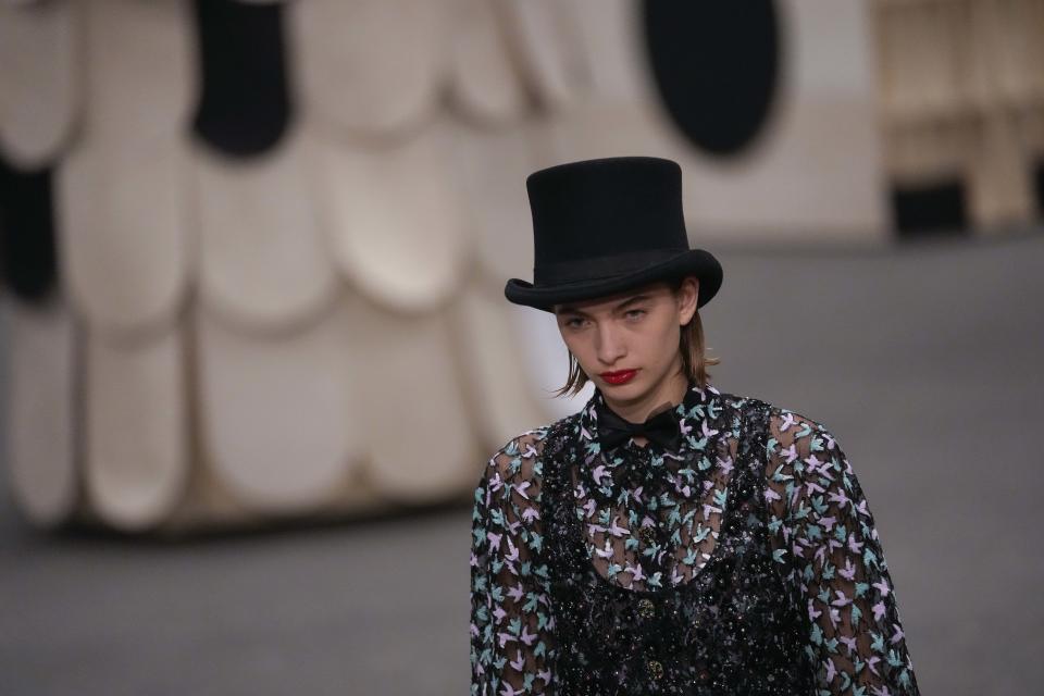 A model wears a creation as part of the Chanel Haute Couture Spring-Summer 2023 collection presented in Paris, Tuesday, Jan. 24, 2023. (AP Photo/Thibault Camus)