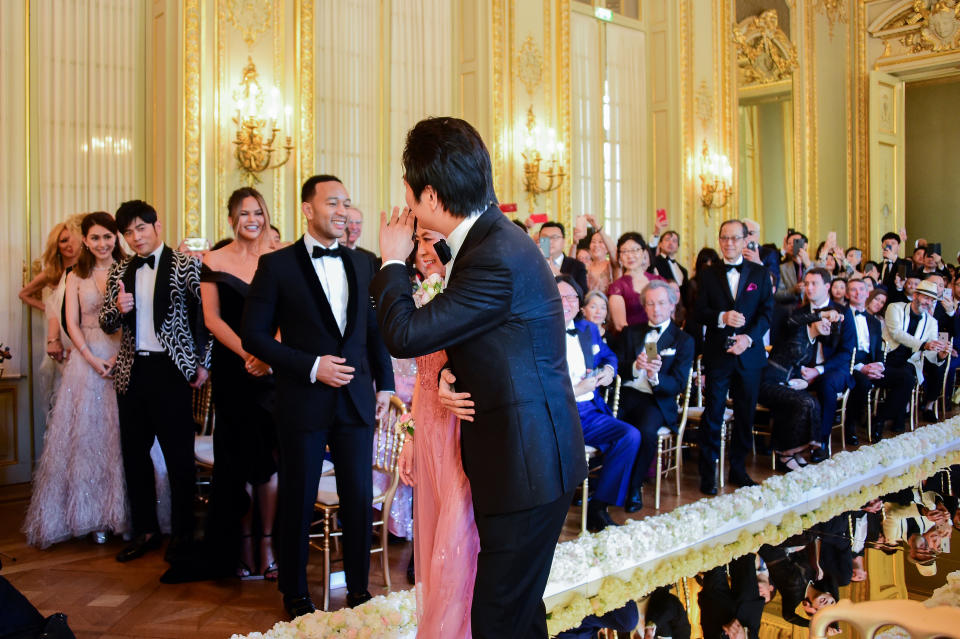 Hannah Quinlivan, Jay Chou, Chrissy Teigen and John Legend attend pianists Lang Lang and Gina Alice wedding at Shangri-La Hotel on June 2, 2019, in Paris. - Credit: Getty Images for Moet Henessy