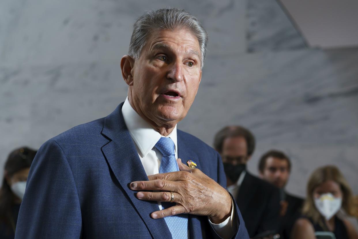 Sen. Joe Manchin (D-W.Va.) speaks to reporters about the expansive agreement he reached with Senate Majority Leader Chuck Schumer, (D-N.Y.) at the Capitol in Washington, Monday, Aug. 1, 2022.